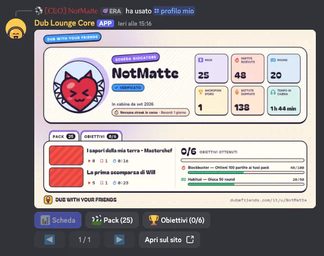 A Discord command showing a player's profile